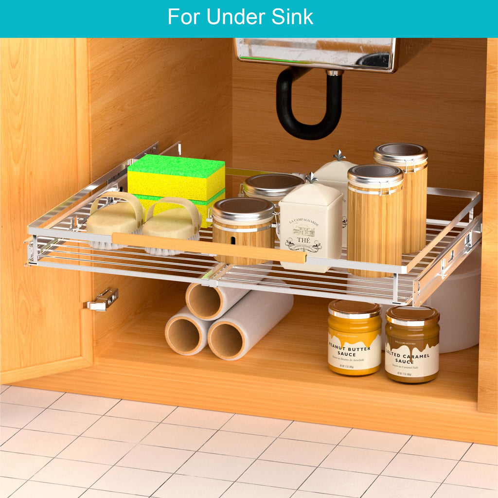 iPEGTOP 2 Pack Pull Out Cabinet Drawer Shelf Organizer, Extendable Sliding Slide Out Pantry Shelves Storage Heavy Duty for Kitchen Cabinets Under Sink, Adjustable Width 12.1~18.4" W x 22.4" D