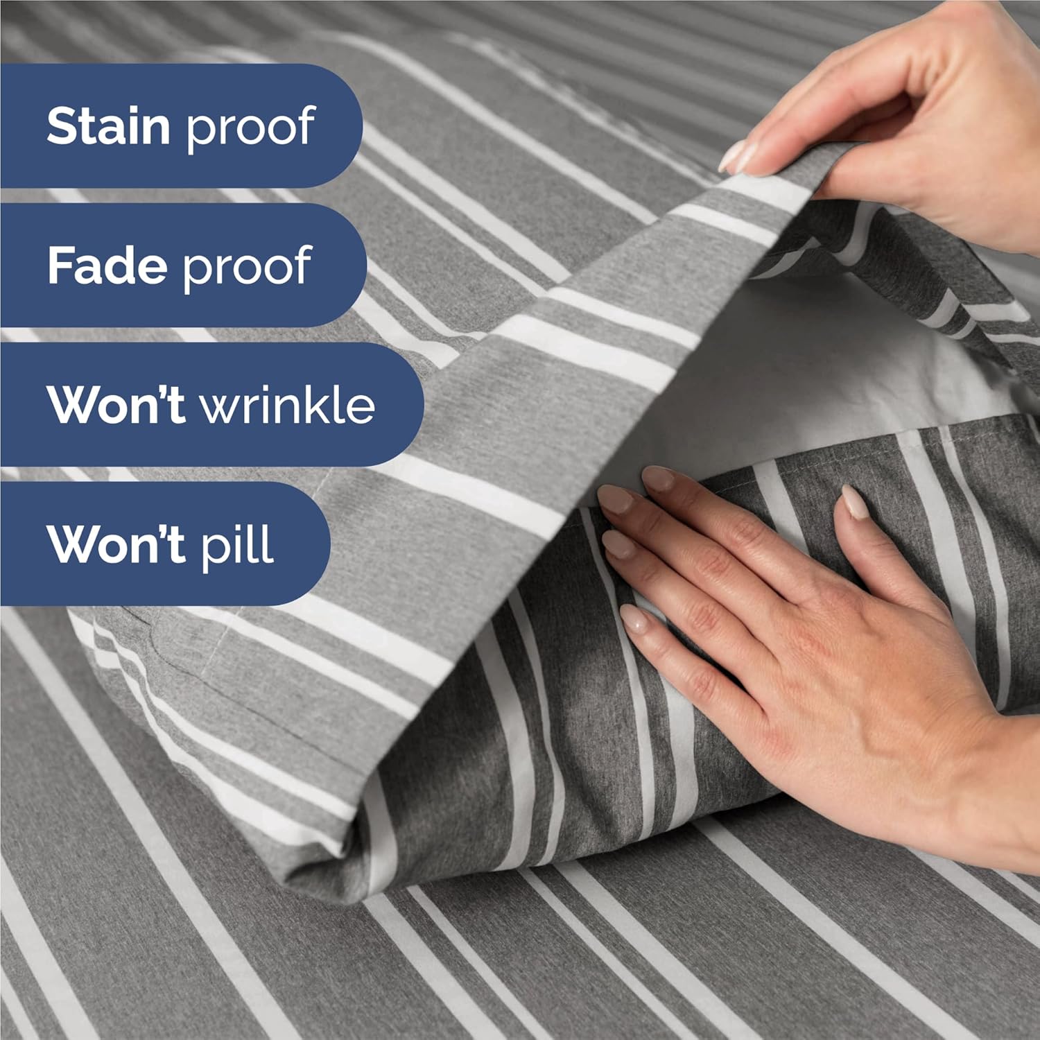 Split King Size 5-Piece Sheet Set | Comfy Breathable Cooling Bed Sheets - Luxury Hotel Quality - Grey Stripes