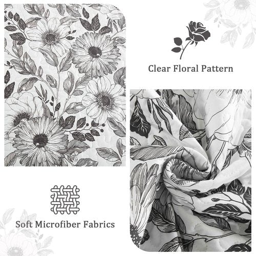 Drucon Grey Floral Quilt Set Queen Size 3 Pieces Botanical Flower Quilt Coverlet Set with 2 Pillowcases Lightweight Soft Microfiber Bedding Set Bedspread for All Season 96"x90"