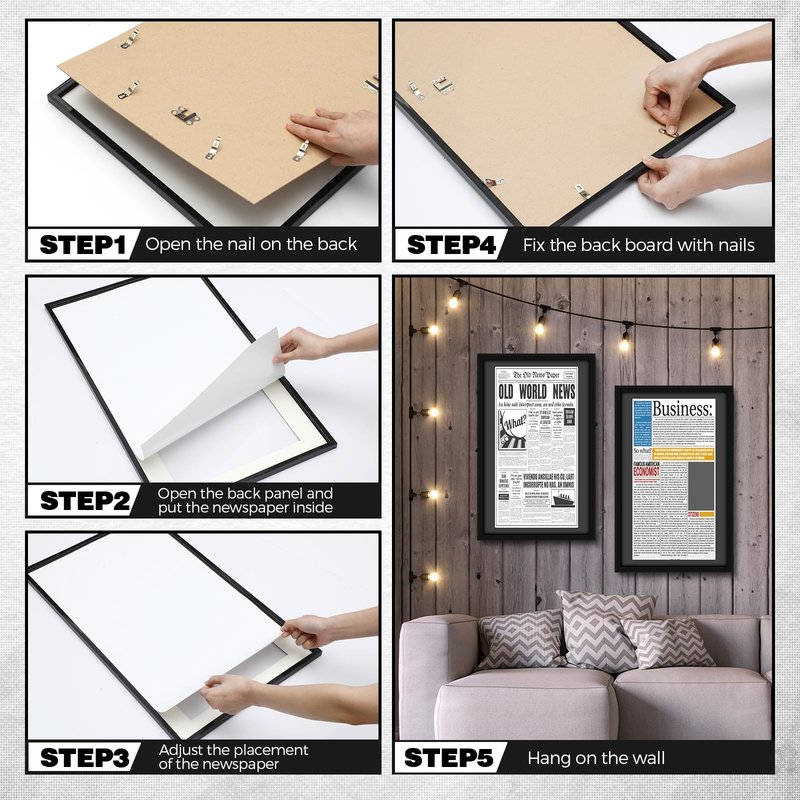 DoubleFill 14x24 Newspaper Frame with Mat, Displays 11x22 Newspaper, Wall Hanging Picture Poster Frame for Media Article Document(Black Mat,6 Pcs)