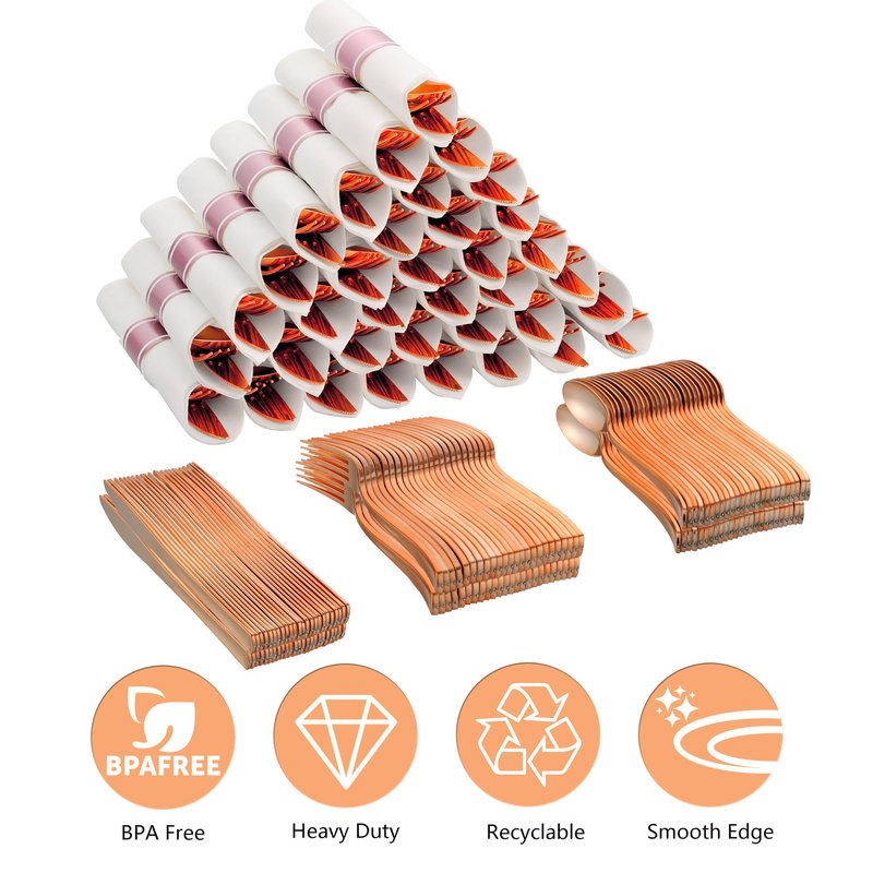 ISFANGCO 100 Pack Pre Rolled Rose Gold Plastic Silverware Set with Napkins,Disposable Wrapped Heavy Duty Cutlery Set for Wedding Birthday Party-100 Forks,Knives,Spoons,Utensils Set,Plasticware Bulk