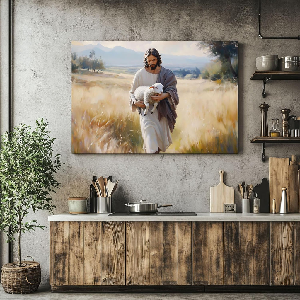 Wewejia Jesus and Lamb Canvas Wall Art - Large 46x32 Inch Religious Faith Painting for Home Decor