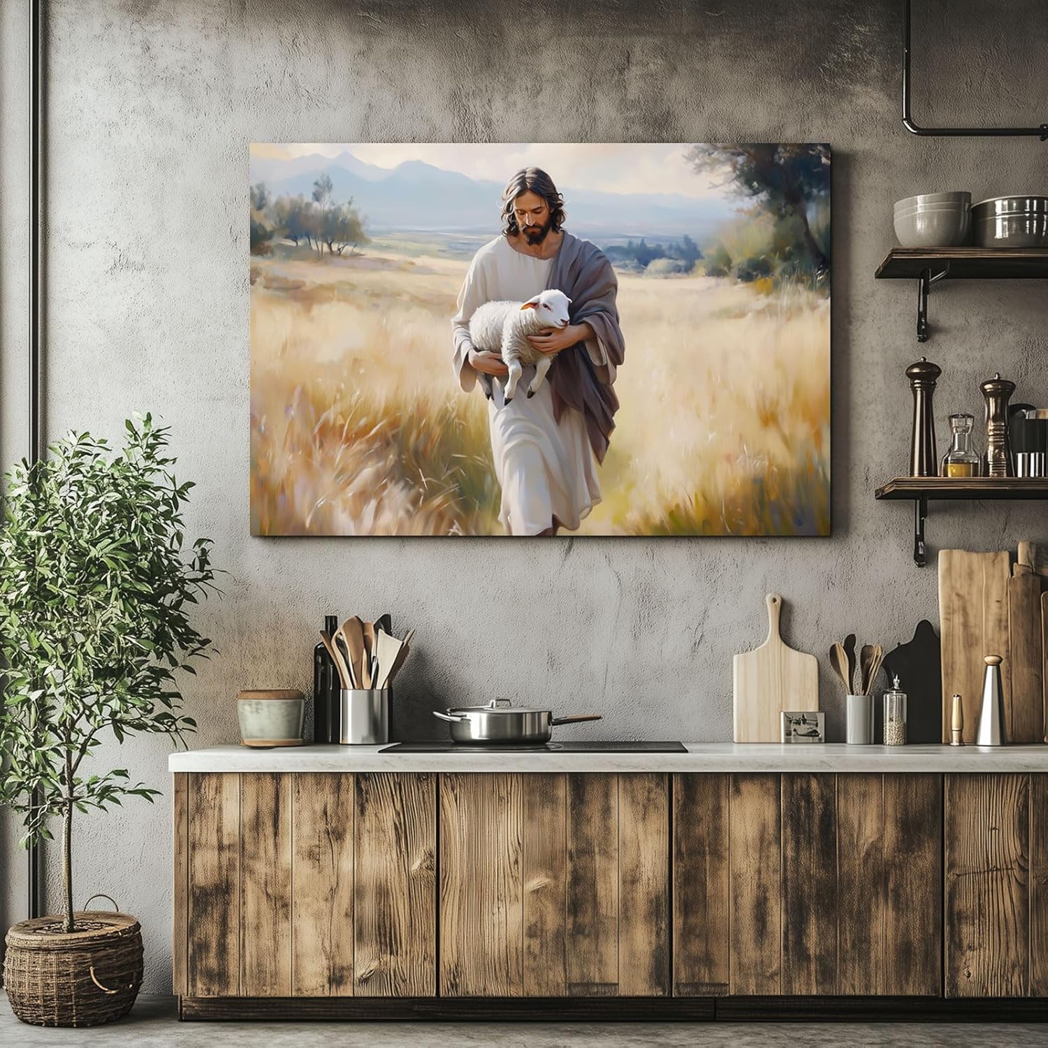 Wewejia Jesus and Lamb Canvas Wall Art - Large 46x32 Inch Religious Faith Painting for Home Decor