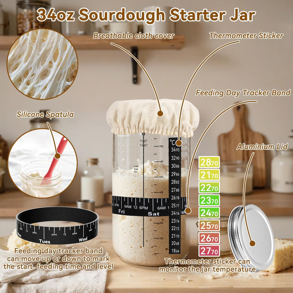 Skiennix 24 PCS Sourdough Starter Kit - Includes 34oz Starter Jar & Silicone Banneton Proofing Baskets