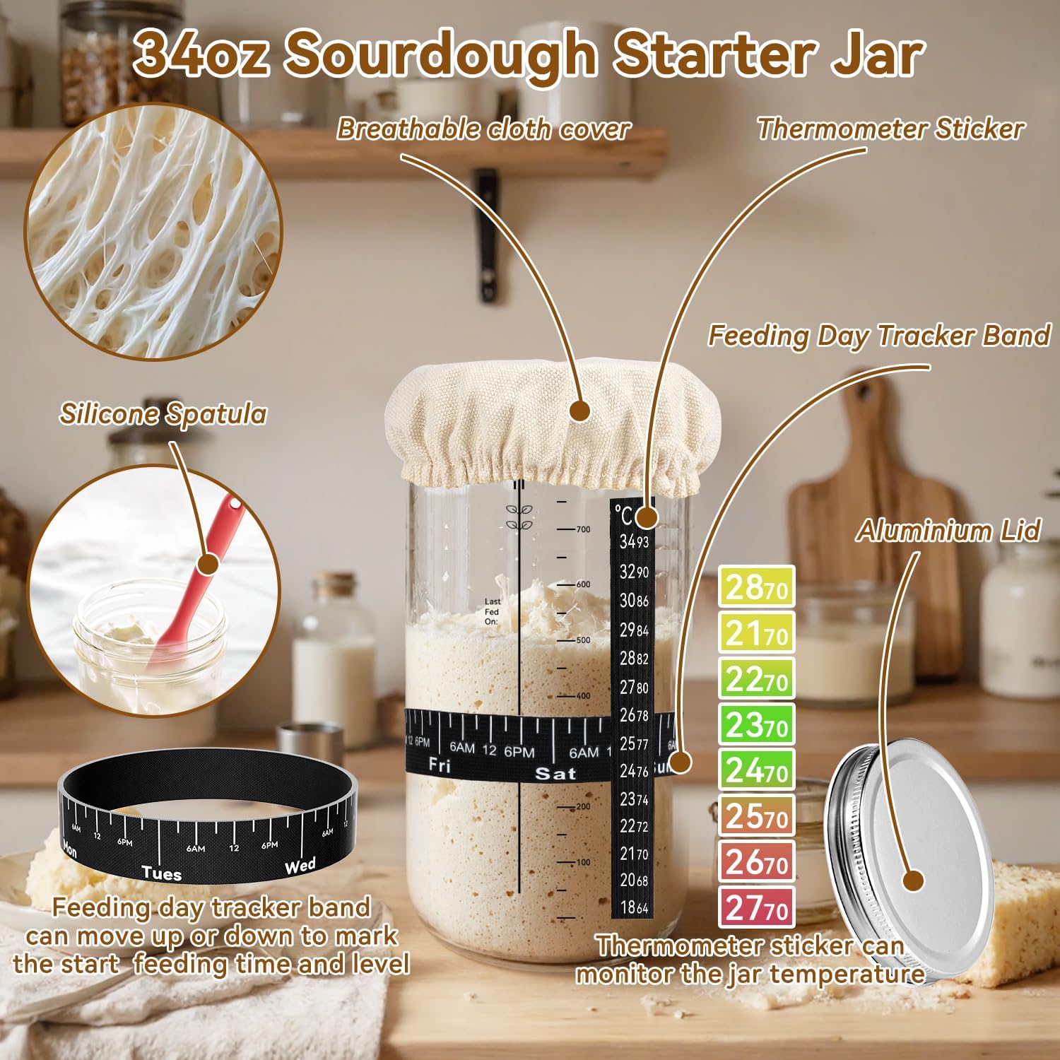Skiennix 24 PCS Sourdough Starter Kit - Includes 34oz Starter Jar & Silicone Banneton Proofing Baskets
