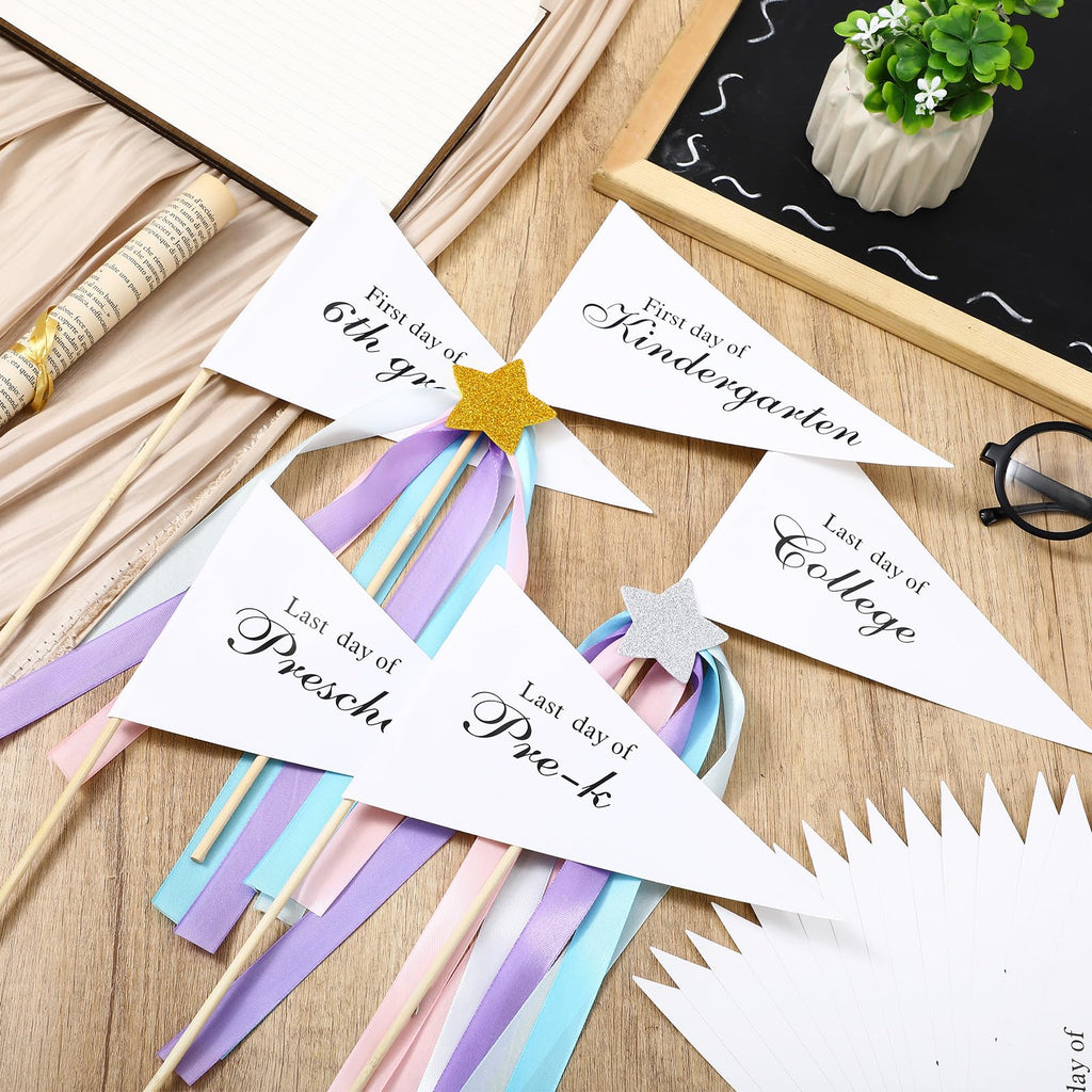 TaoBary 34 Packs First Day of School Flag DIY Back to School Pennants Last Day Pennants Flag Reusable 17 Grades Photo Prop with Stars and Stick for Preschool to College Welcome Classroom Decoration