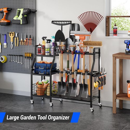 Keomaisyto Garden Tool Organizer - Heavy Duty Metal Storage with 6 Wheels & 2 Baskets | Ideal for Garage, Shed, Yard