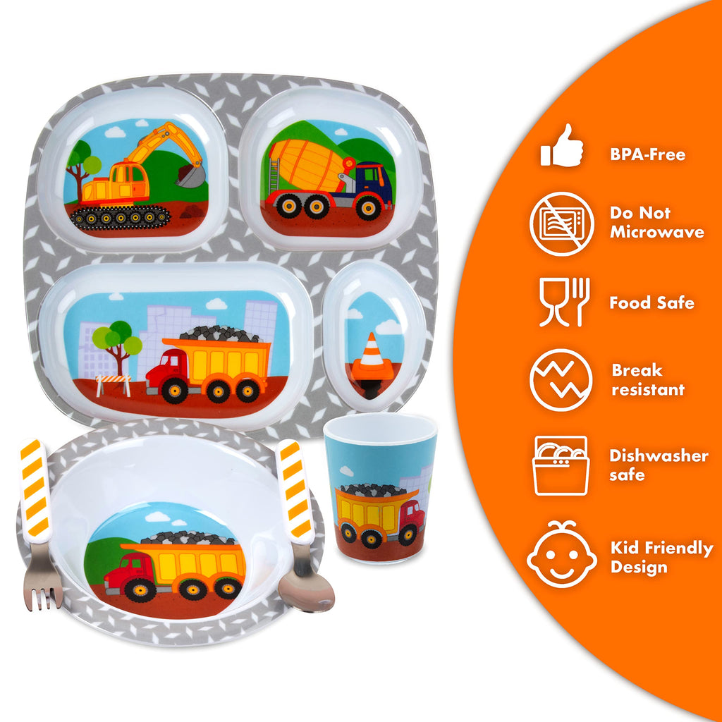 Bentology 5-Piece Construction Theme Mealtime Set - Includes Plate, Bowl, Utensils, and Glass - Dishwasher Safe, BPA Free, Cute Compartment Dish for Easy Self-Feeding