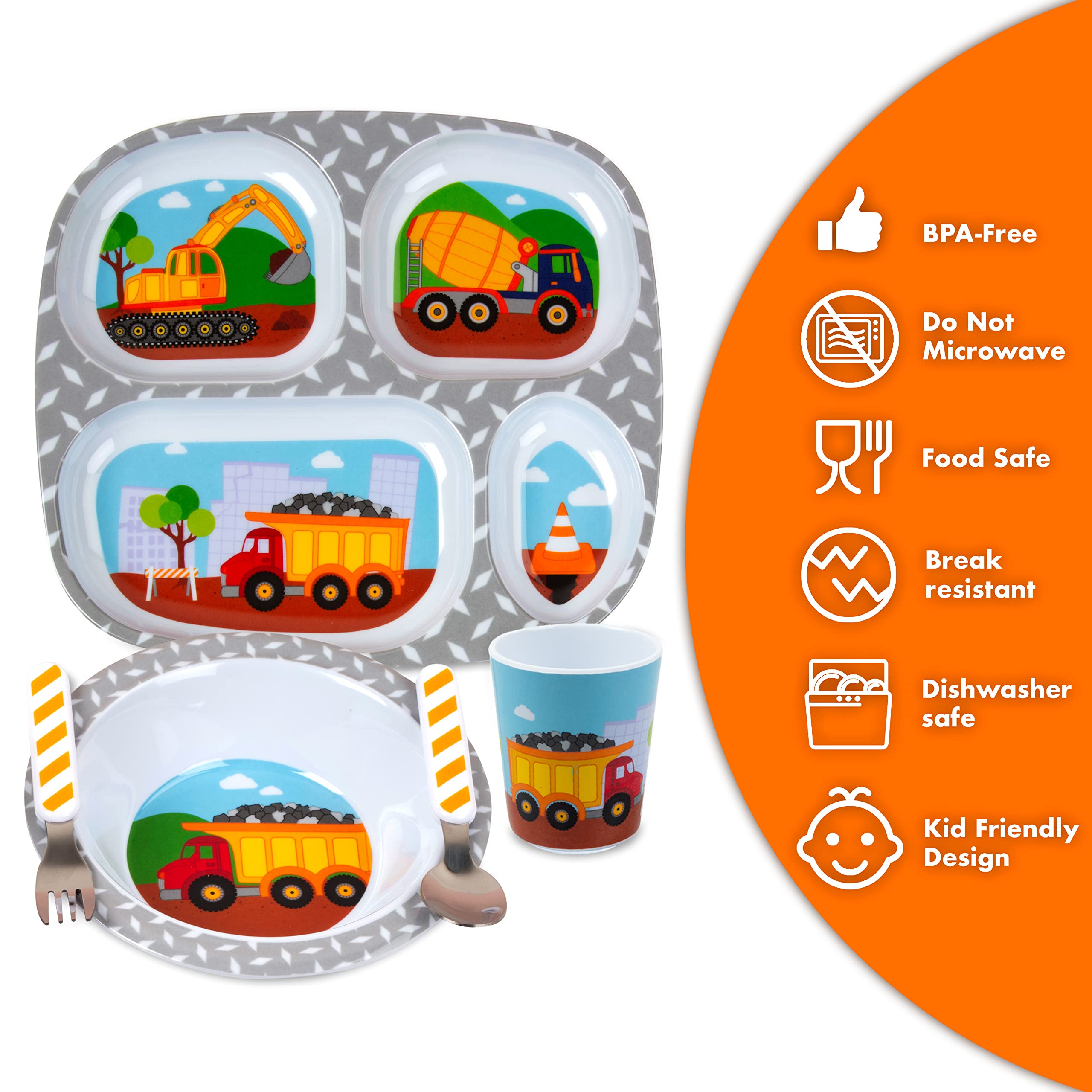 Bentology 5-Piece Construction Theme Mealtime Set - Includes Plate, Bowl, Utensils, and Glass - Dishwasher Safe, BPA Free, Cute Compartment Dish for Easy Self-Feeding