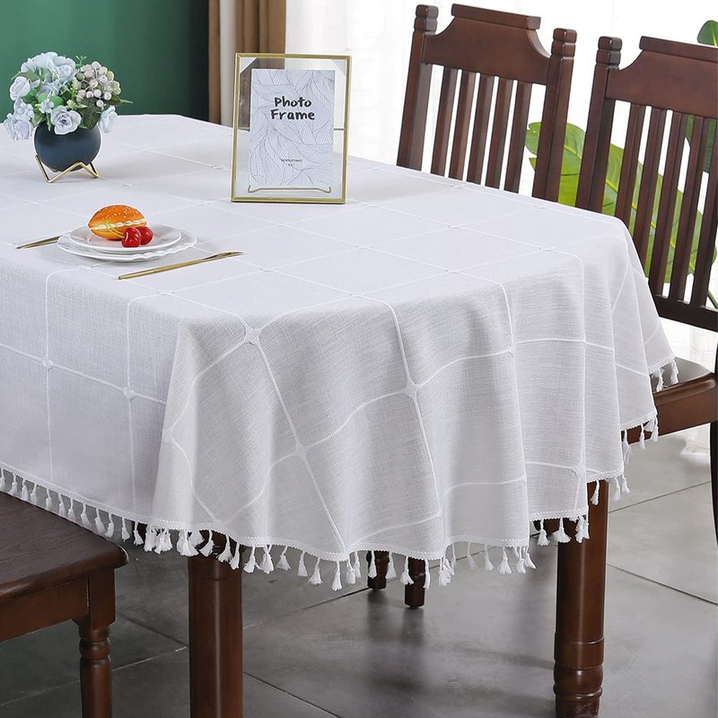 Farmhouse Checkered Embroidery Lattice Oval Tablecloth with Tassel Heavy Duty Rustic Fabric Table Cover Wrinkle Resistant Washable Kitchen Dining Party Wedding Decoration 60 x 84 Inch