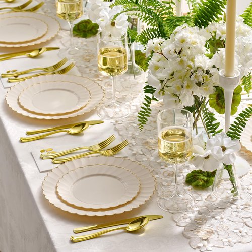 By Madee HEAVYWEIGHT 100 Pc Ivory and Gold Scalloped Disposable Plates for Party | 50 Dinner & 50 Dessert Heavy Duty Pastic Plates | Elegant and Fancy (50 Guests)