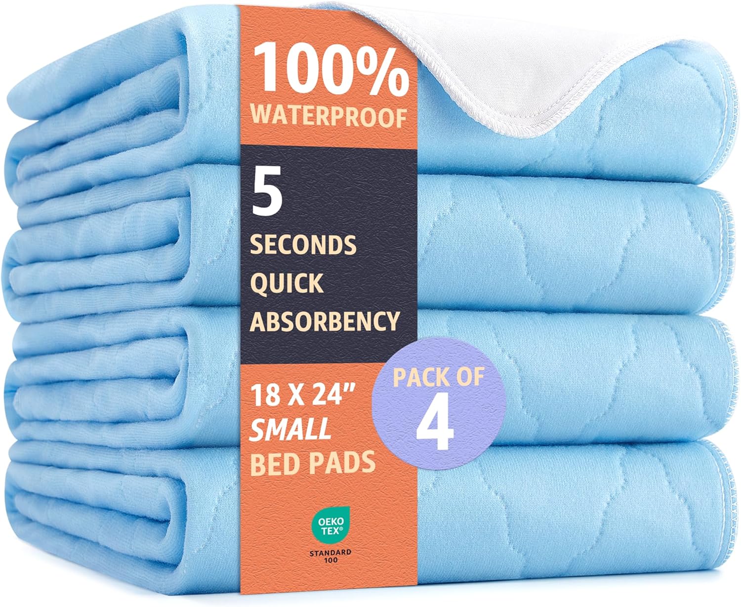 Washable Underpads - Heavy Absorbency Waterproof Reusable Incontinence Pads for Pets | Blue, 18 x 24 Inches, Pack of 4