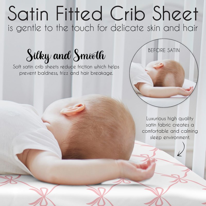 Sweet Jojo Designs Fitted Baby Satin Crib Sheets (Pink Bows) for Girls, Infant Nursery, Toddler Room - Standard Size (Blush and White Bow for The Ballerina, Ballet Dancer, Princess Collection)