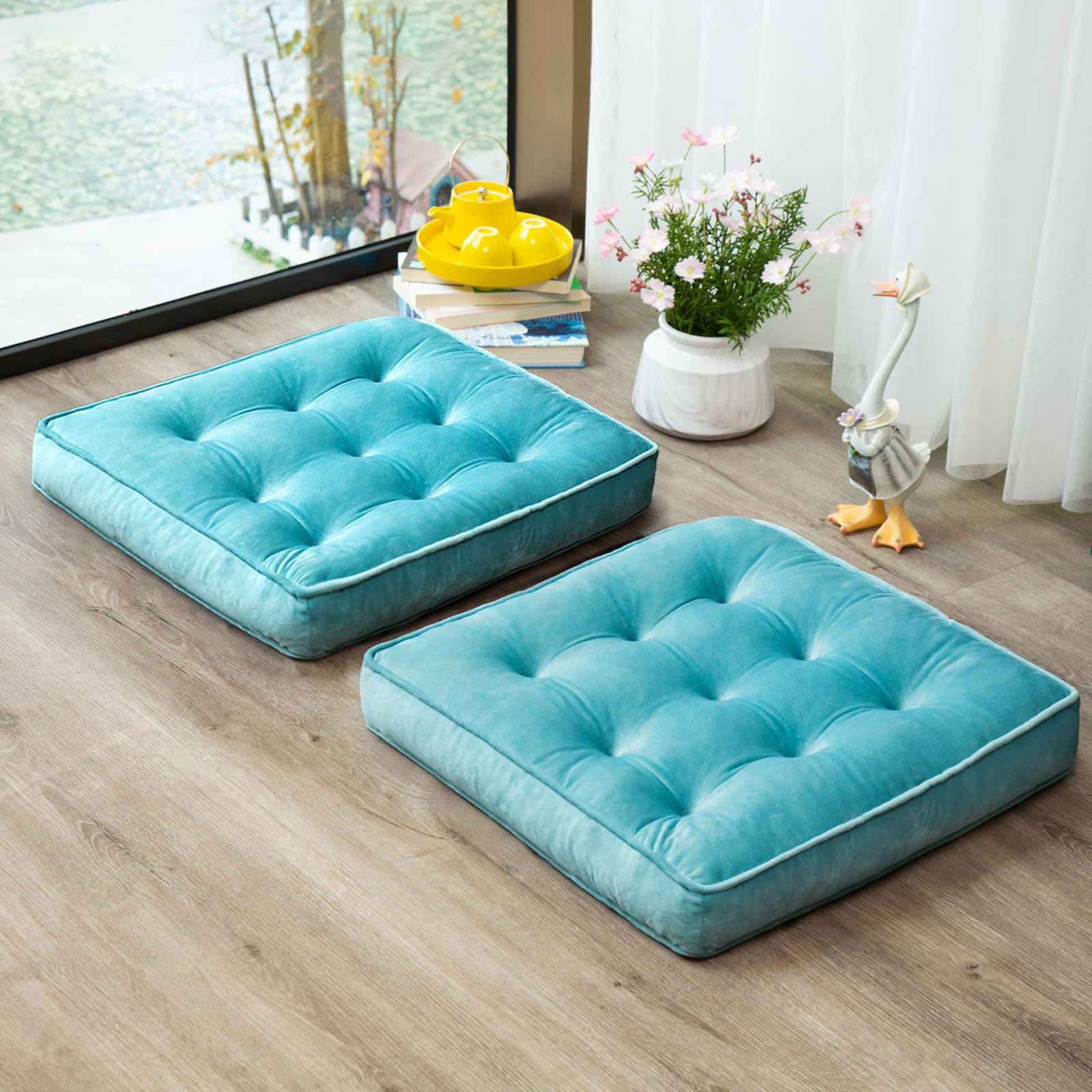 1 MIDDLE ONE Floor Pillow Set of 2, Memory Foam Meditation Cushion, Floor Cushions for Adults Sitting, Large Square Seat Cushions for Yoga, Couch, Sofa, Kids, Living Room, 20x20 Inch (Blue)