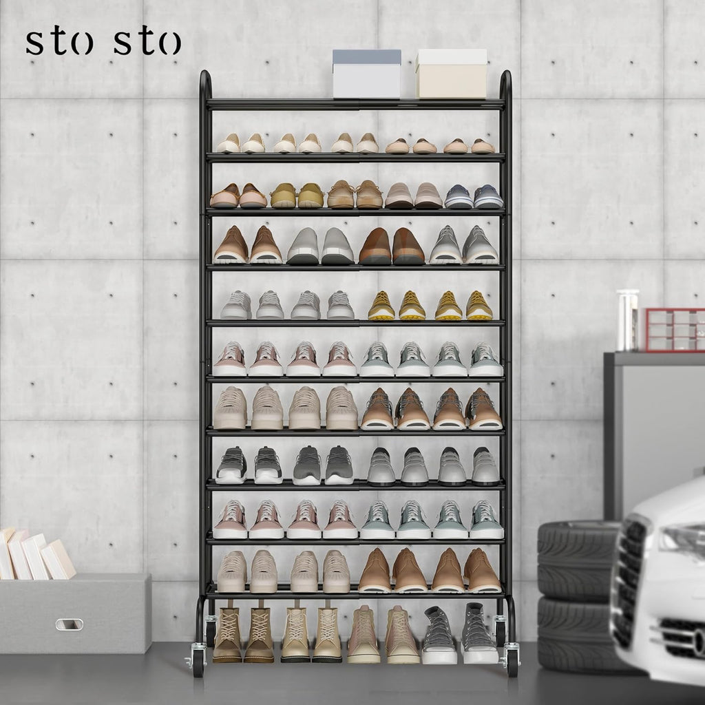STO STO Expandable Shoe Rack - 10-Tier Metal Organizer for Up to 44 Pairs | Adjustable Storage in Black