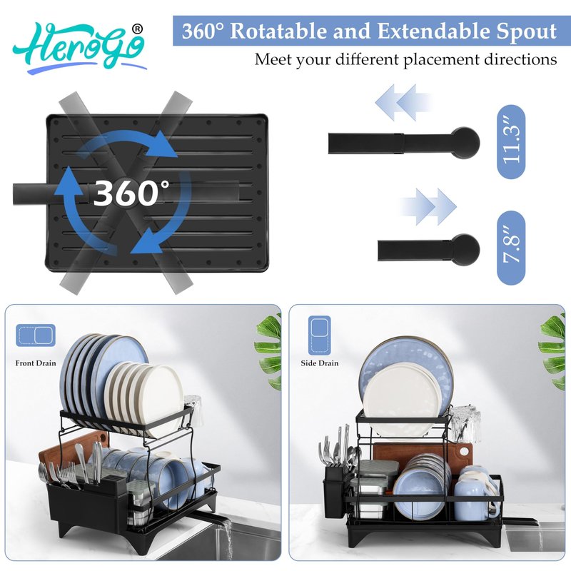 Herogo 2 Tiers Dish Drying Racks, Dish Drainers Racks with Drain Board for Kitchen Counter, Large Kitchenware Organizers with Utensil Cup Cutting Board Holder & Rotatable Spout, Detachable, Black