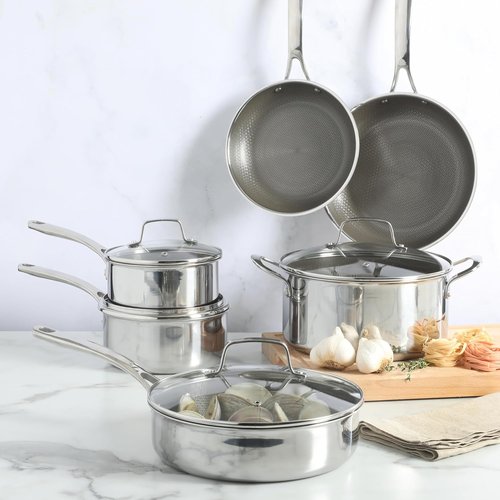 Martha Stewart Badgley Hybrid Nonstick Cookware Set - 10 Piece TriPly Stainless Steel Pots & Pans, Non-Toxic, Dishwasher Safe