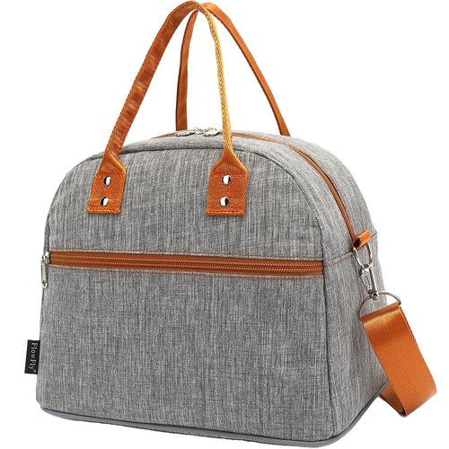 FlowFly Insulated Lunch Bag With Shoulder Strap for Women, Men, and Kids, Large and Reusable, Handle, Freezable Work and School Travel Tote and Meal Prep Organizer,Grey