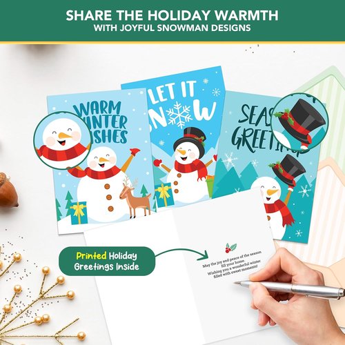 Decorably 16-Pack Snowman Christmas Cards - 5x7in Holiday Designs with Envelopes & Stickers