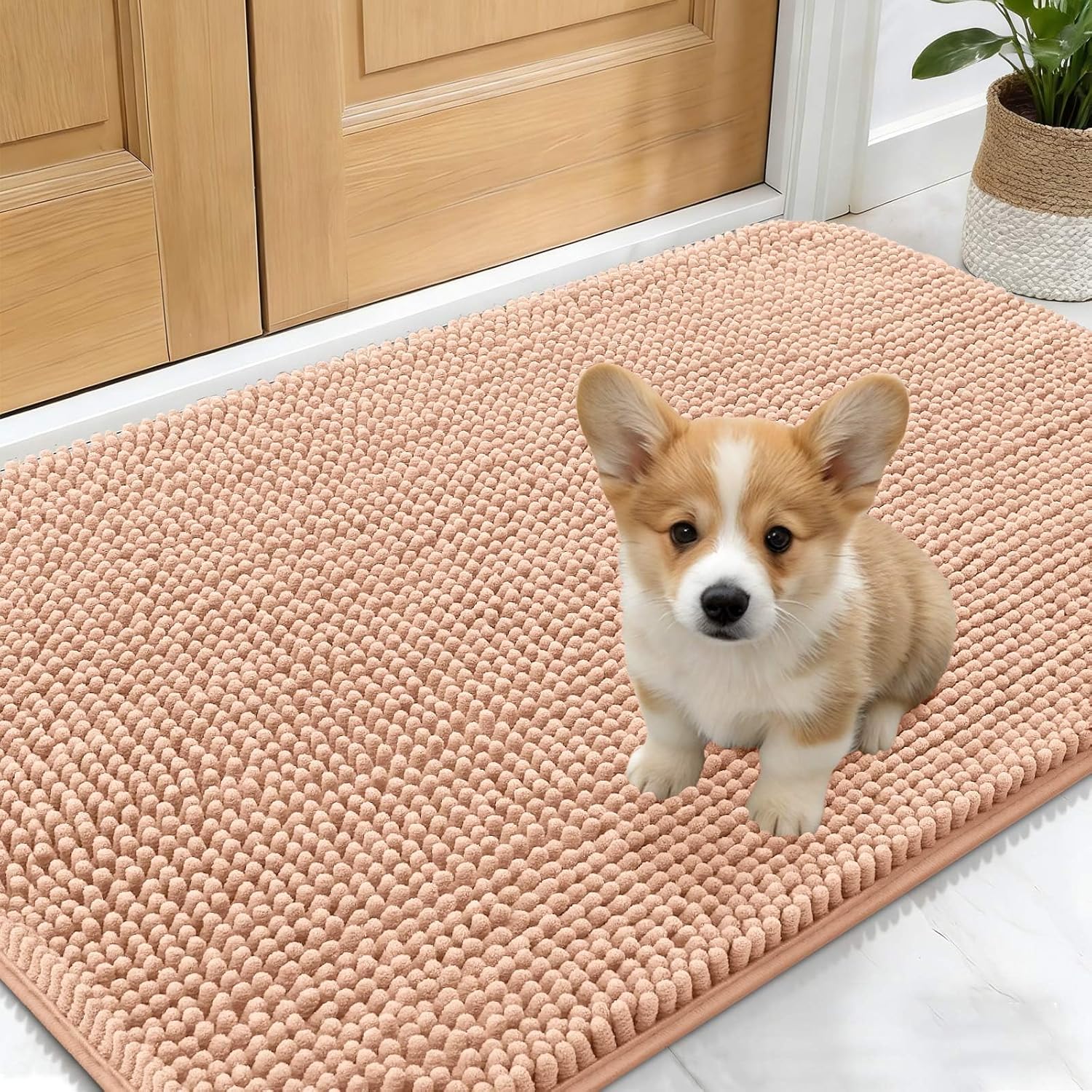 OLANLY Dog Door Mat - Absorbent Non-Slip Chenille Mat for Muddy Paws | 24x16 Peach Indoor Entryway Carpet