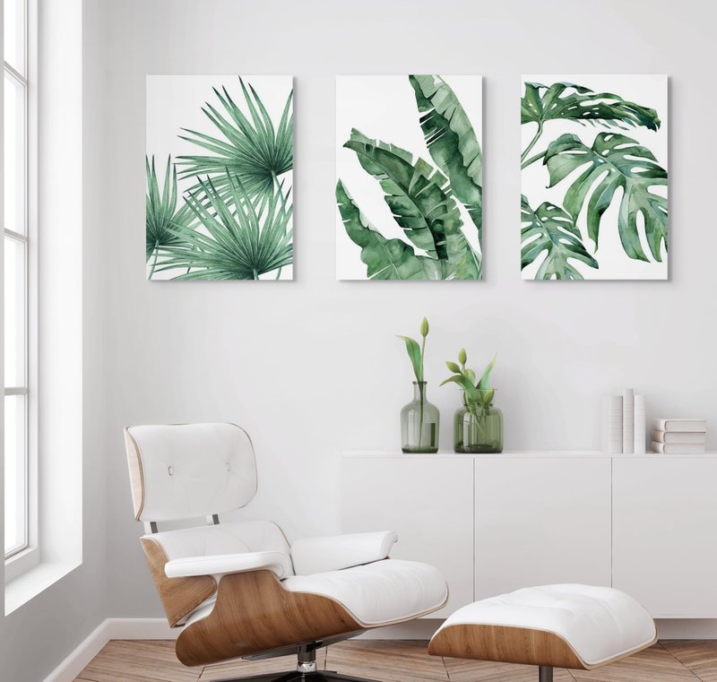 EAHunt Tropical Leaf Canvas Wall Art, Green Palm and Monstera Prints, Modern Botanical Wall Picture Minimalist Art Home Decor for Livingroom Bedroom Office 16"×24"×3-Piece Set