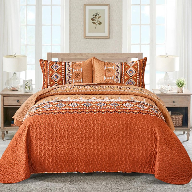 WONGS BEDDING 3 Pieces Quilt Set Queen Size, Burnt Orange/Rust Thanksgiving Quilt Bedspread Bohemian Coverlet Set with 2 Pillowcase, Fall Soft Thanksgiving Bedding Set for All Season 96"×90"