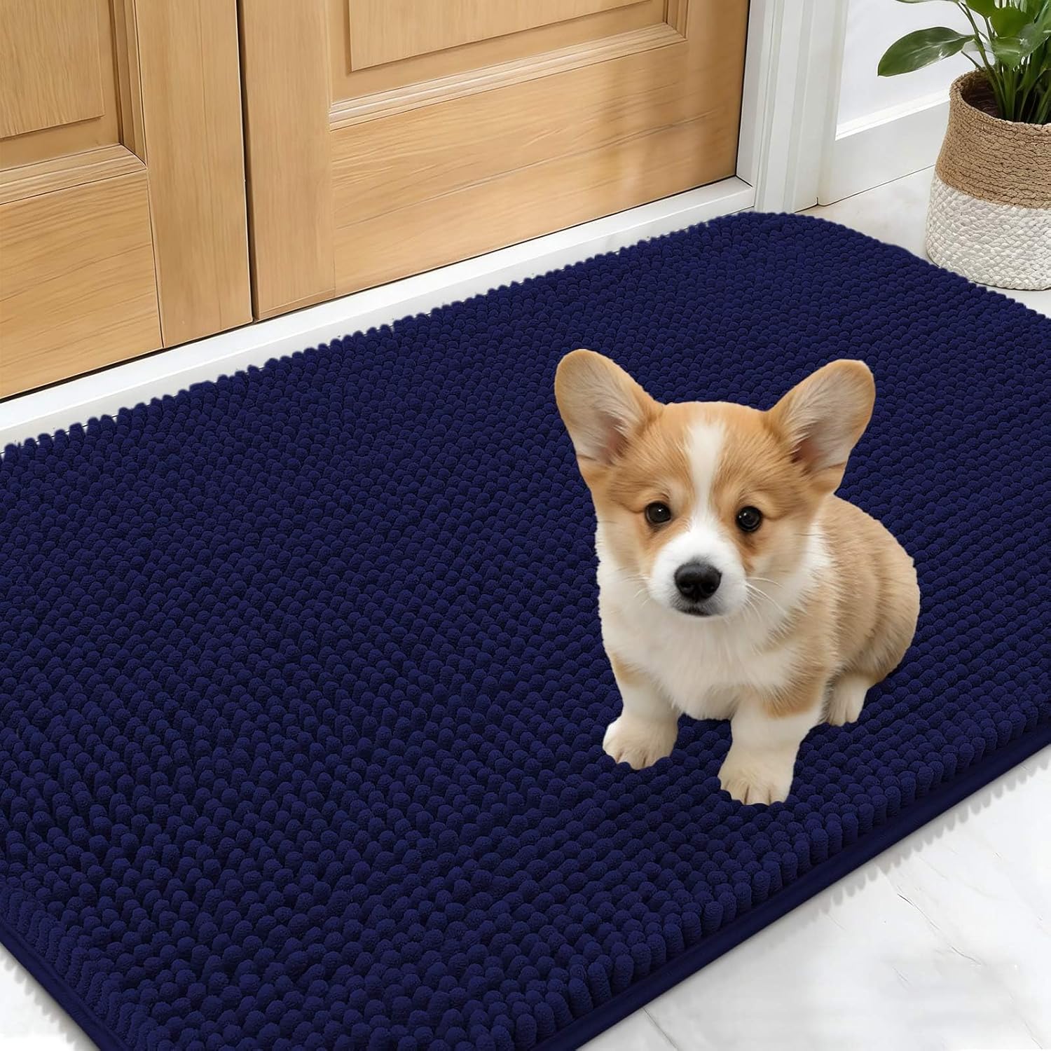OLANLY Dog Door Mat - Absorbent Non-Slip Washable Doormat for Muddy Paws | 24x16 Navy Blue