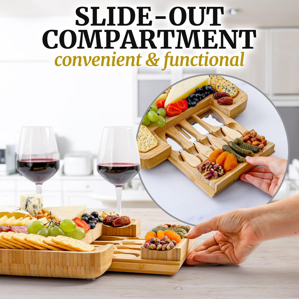 Zulay Kitchen Premium Bamboo Cheese Board Set - Extra Thick Charcuterie Board with 4 Knives | Perfect for Wine & Cheese Lovers
