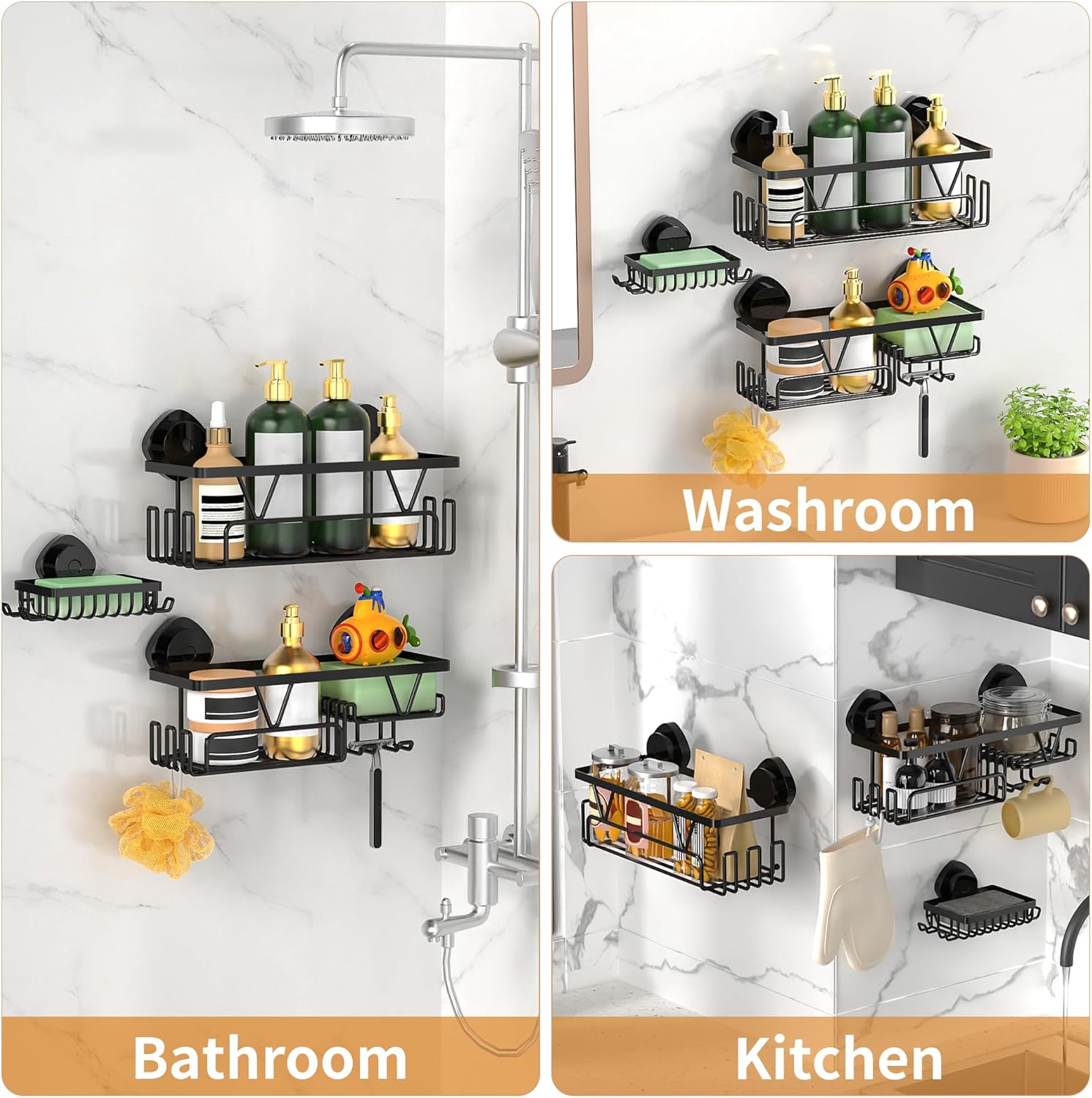 ZUNTO Shower Caddy - 3-Piece Suction Cup Organizer Set with Soap Holder & Hooks | No-Drill Bathroom Shelves