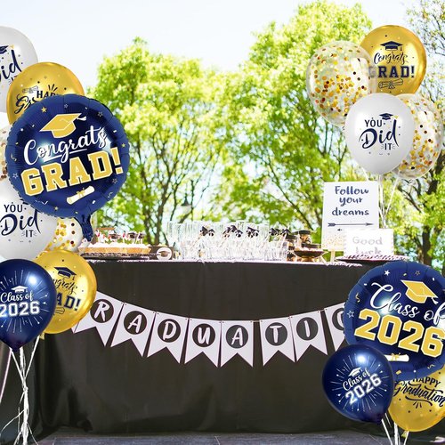 Graduation Decorations 2026 - Skiennix Navy Blue & Gold Balloons Set | 51Pcs Latex & Foil with Confetti Ribbons