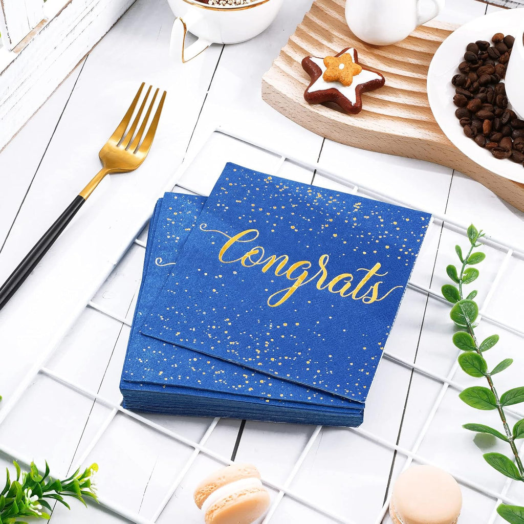 Whaline Graduation Cocktail Napkins - 80 Pack Blue & Gold Foil Congrats Design | Disposable Party Tableware