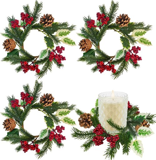 Caxchiling Mini Candle Wreaths - 4 Pcs with Pine Cones for Wedding & Home Decor | Elegant Table Centerpieces