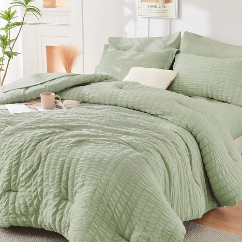 HYMOKEGE Twin Comforter Set - Light Green Seersucker 5-Piece Luxury Bedding Set | All-Season Comforter, Sheets & Pillowcases