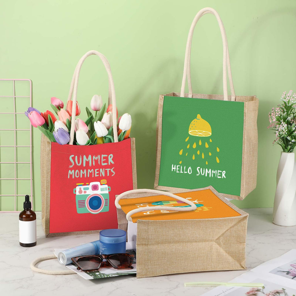 Sweetude 12 Pcs Beach Burlap Tote Bags Bulk Large Beach Jute Reusable Bag with Handles Waterproof for Women Summer Weekend Travel Wedding Gift, 10.2 x 5.9 x 10.6 inch