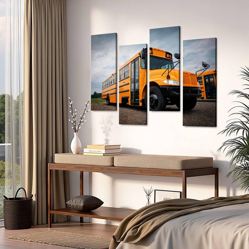 4 Panel Yellow School Bus School buss and Pictures Canvas Wall Art Ocean Oil Painting Animal Prints City Poster Flower Pictures Home Wall Decoration for Artwork