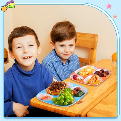 Hushee 6 Pcs 9.4 x 8.2 Inch Dinner Plate for Kids Girls Boys Cute Toddler Divided Plates Plastic Funny Serving Dishes for Construction Dinosaur Firefighter Farm Game Console Astronaut Animal