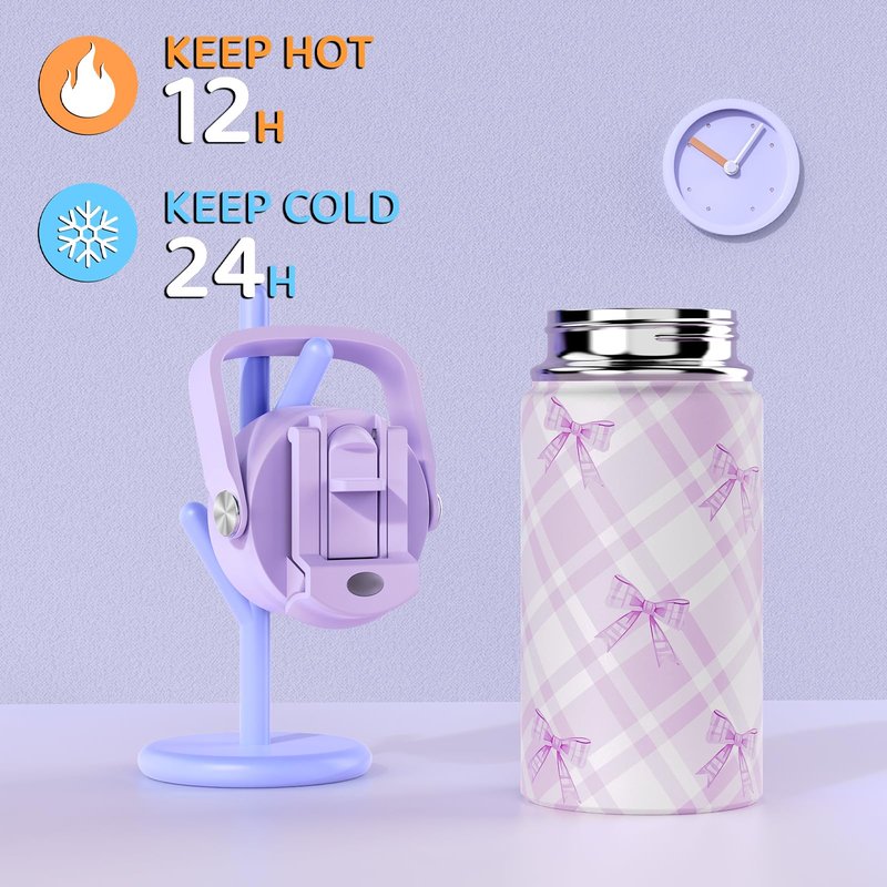 ACESAK Backpack for Girls with Insulated Water Bottle, Bow Tie Plaid Bookbag for Girls Kids, 14oz Kids Water Bottle Stainless Steel, Lunch Bag & Pencial Case, Back To School Gift (Purple)