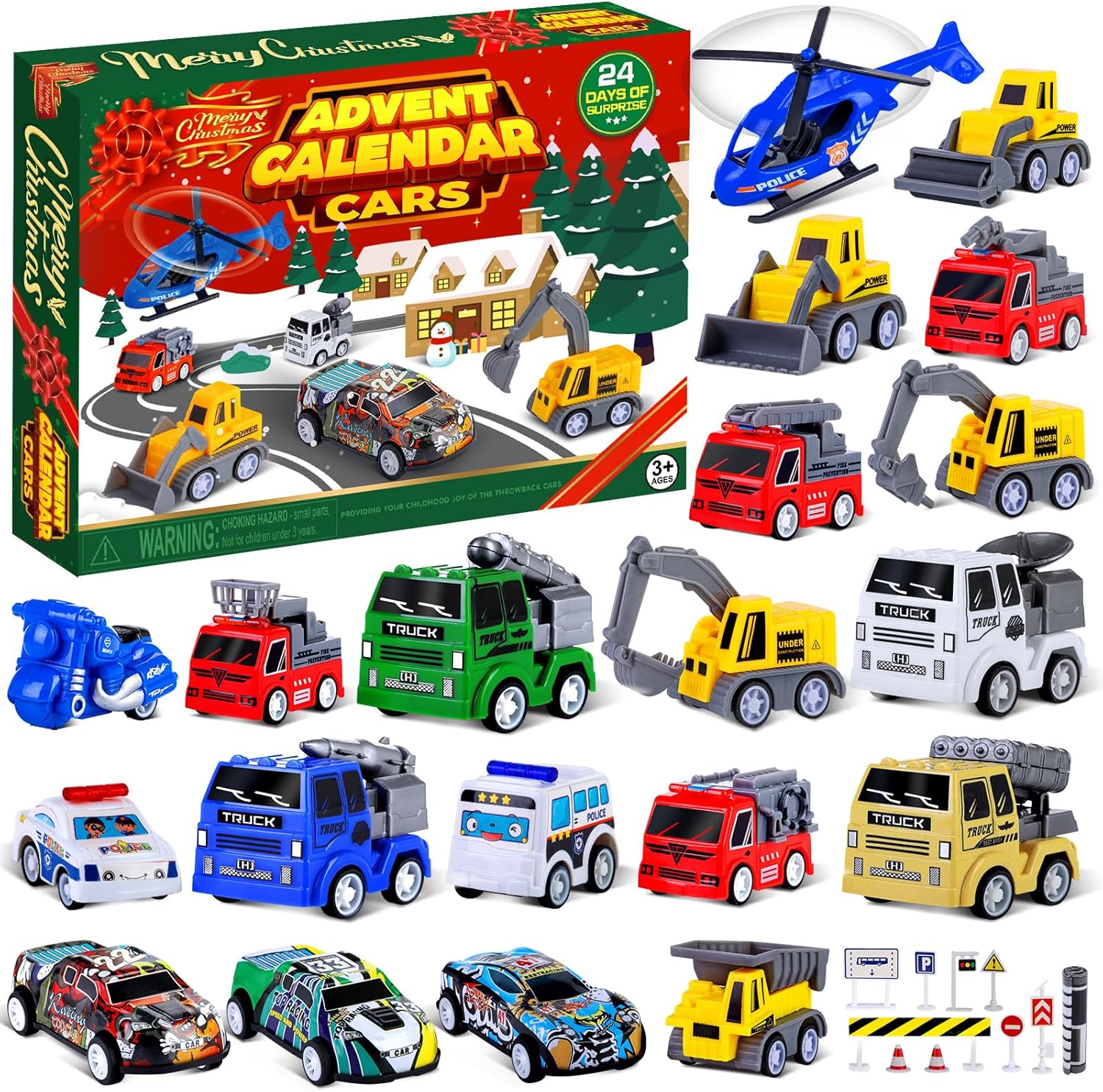Quanquer Kids Advent Calendar - 24 Days Christmas Countdown with Pull Back Cars Set for Boys