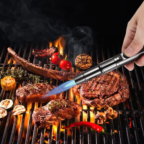 Butane Torch With Long Refillable Kitchen Lighter, Visible Fuel Window, Adjustable Jet Flame Pen for Grill, Fireplace (Black1)