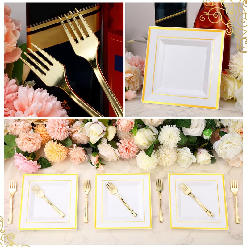 Gandeer 300 Pcs Square Plastic Plates with Forks Set Include 150 Disposable 6.5 Inch Dessert Plates Heavy Duty and 150 Plastic Appetizer Forks for 150 Guests Weddings Party Supplies(Gold)
