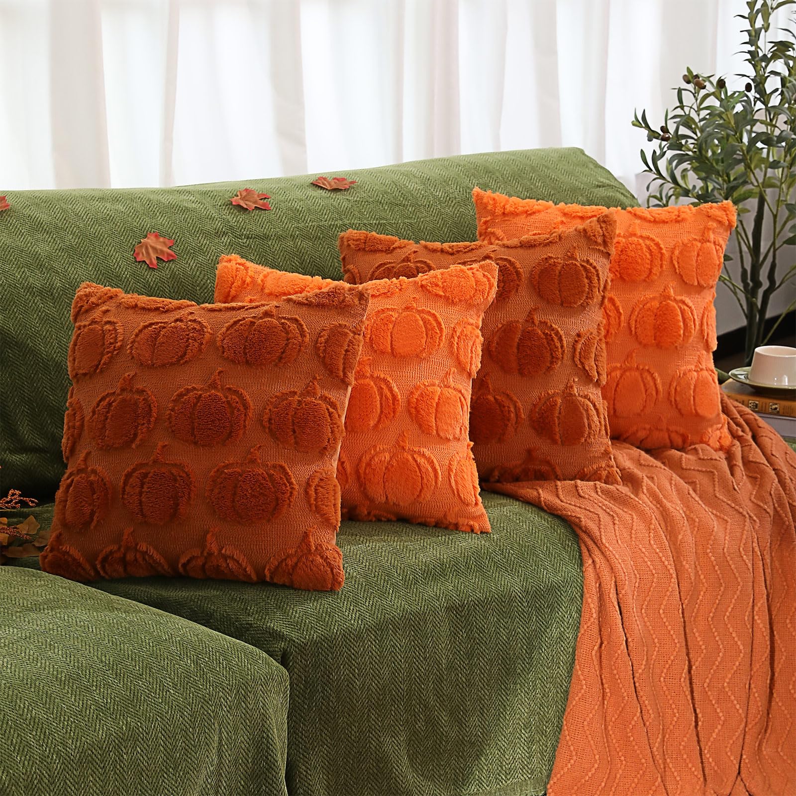 Fishinsea Fall Throw Pillow Covers 18 x 18 inch, Set of 4 Pumpkin Decor Pillow Covers, Thanksgiving Halloween Decorations for Couch Bed Sofa, Rust & Orange