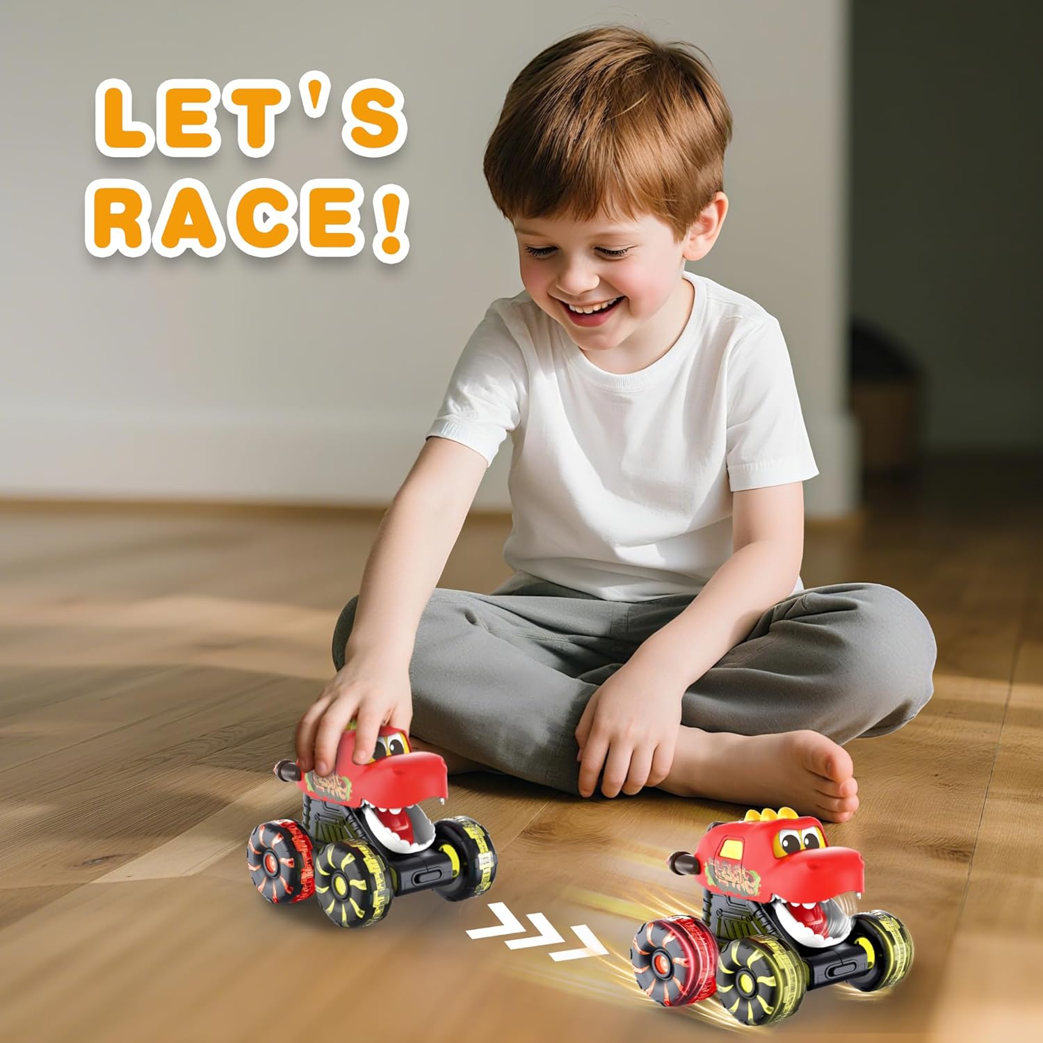 Skiennix Dinosaur Monster Truck Toys - 3 Pack with Light-Up LED Wheels for Toddlers
