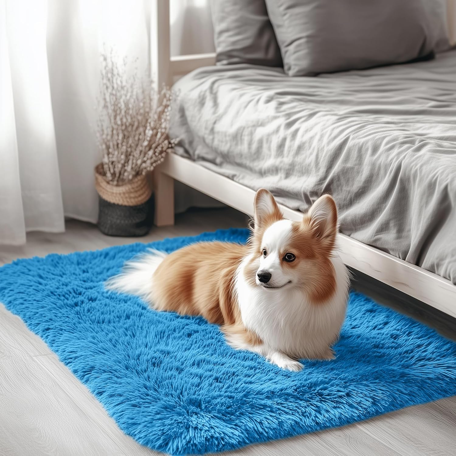 OLANLY Small Bedside Rug - Soft Fluffy Shaggy Throw Rug for Bedroom & Living Room | Bright Blue
