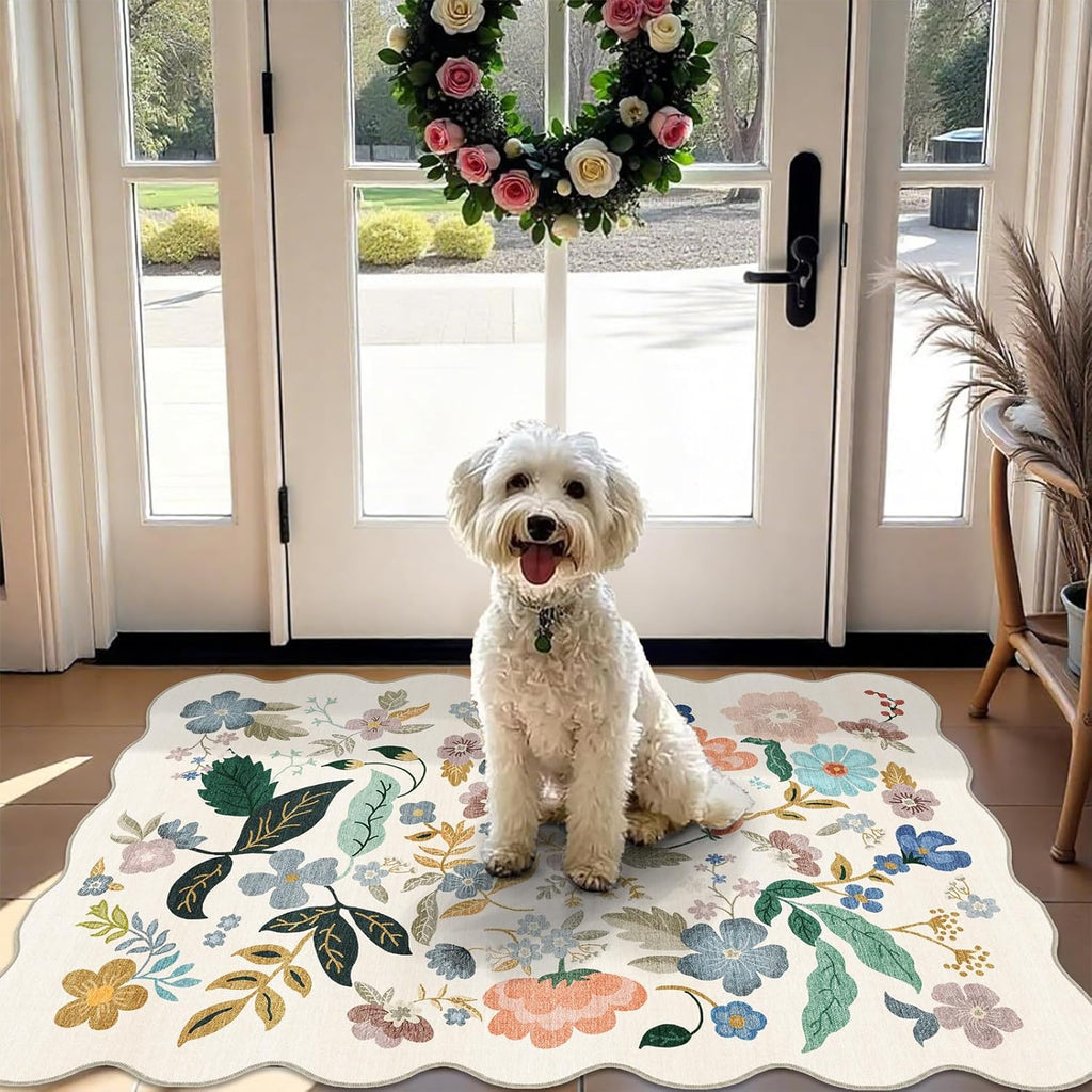 Skiennix Washable 2x3 Entryway Rug - Floral Non-Slip Water-Resistant Carpet for Indoor Use | Soft Cream Mat