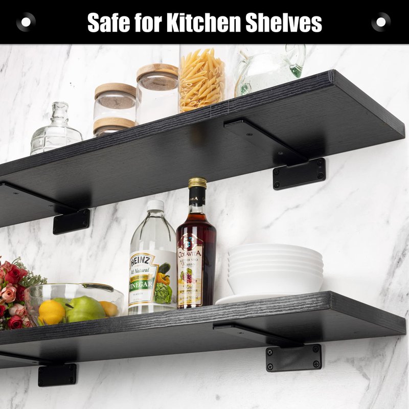 YONSIN Shelf Brackets 12 inch, 6 Pack Heavy Duty Floating Hidden 90 Degree Angle Metal Shelf Brackets for Shelves Supports, Holds 150+lb，Add More Storage Space, Black Finished
