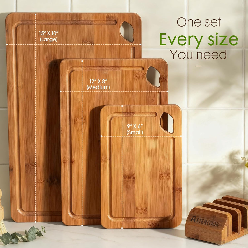 Astercook Bamboo Cutting Boards - Deep-Carbonized Reversible Charcuterie & Chopping Board Set with Juice Grooves and Easy-Grip Handles