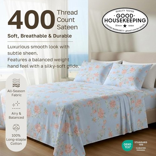 California Design Den King Size Bed Sheets Set - 400 TC Sateen Finish, Deep Pockets, Floral Blue/Pink