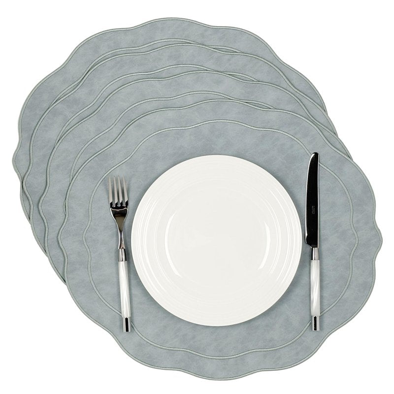 Bryonia Embroidered Scalloped Faux Leather Placemats Set of 4 - Earth Tone, Soft, Wipeable Luxury Dinner Table Mats for Dining & Wedding, Gift for Mom, 17.25" x 15", Light Blue Gray