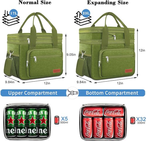 Coobiiya Insulated Lunch Bag Cooler - 23L Large Expandable Design | Leakproof & Heavy Duty with 4 Ice Packs & 10 Snack Bags for Camping, Travel, Beach