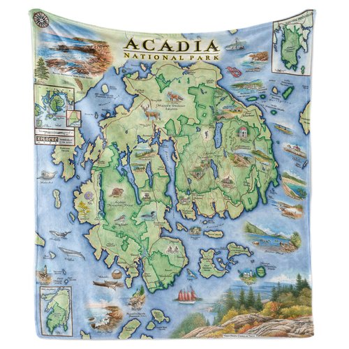 Xplorer Maps Acadia National Park Fleece Blanket | 58" x 50" Throw Blanket | Hand-Drawn Original Art |